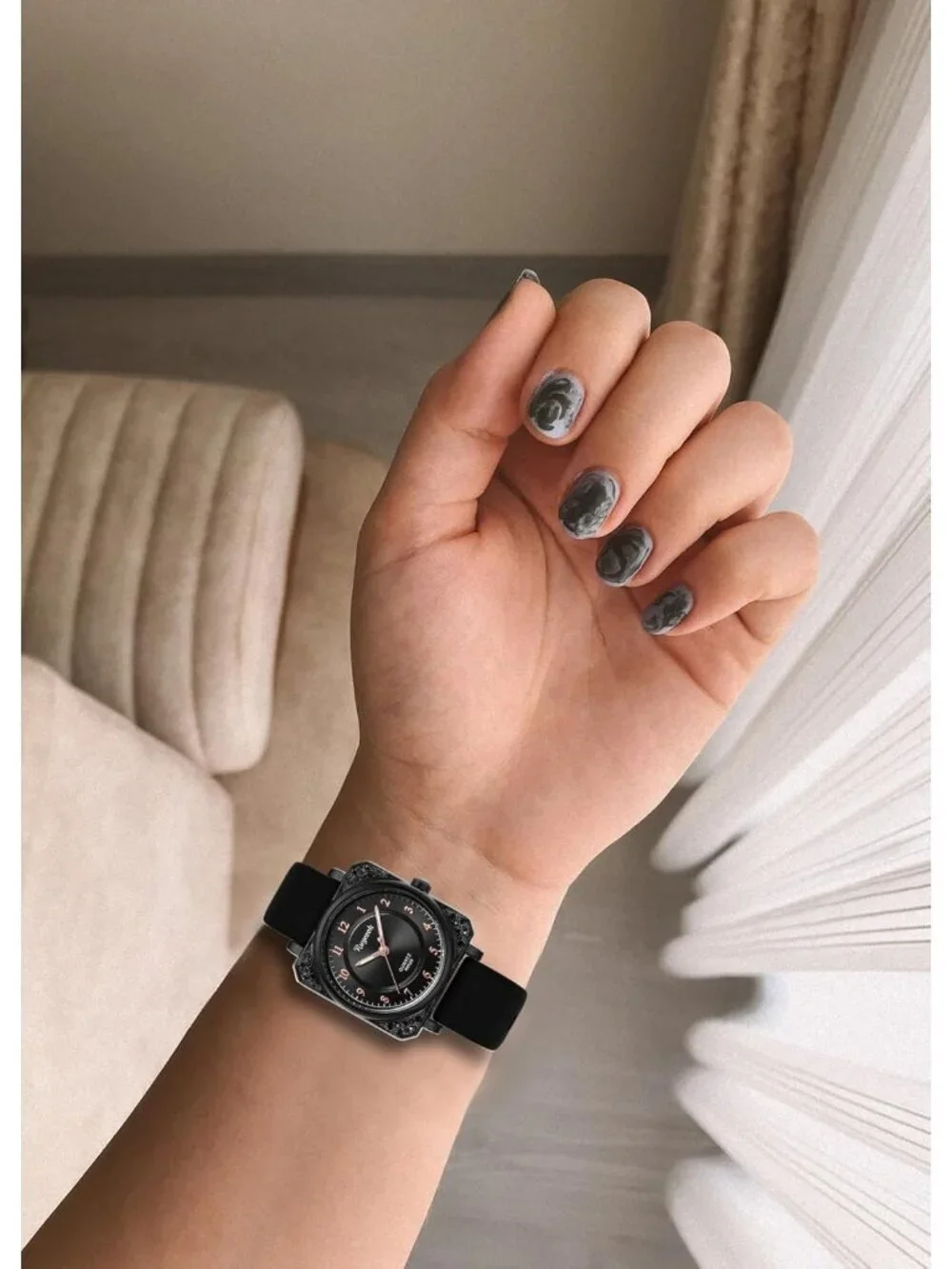 Women's Black Analog Quartz Silicone Band Crystal Square Waterproof Wrist Watch